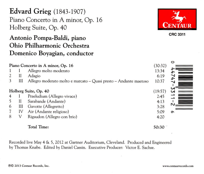 Grieg: Piano Concerto In A Minor, Op. 16; Holberg Suite, Op. 40 / Boyagian, Pompa-Baldi, Ohio Philharmonic