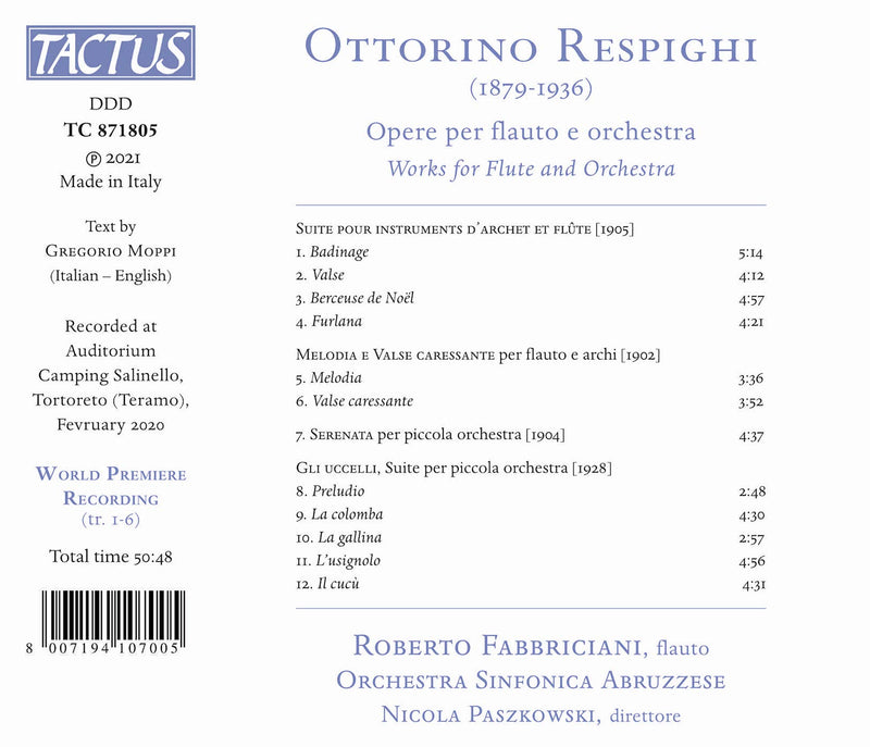 Respighi: Works for Flute and Orchestra / Fabbriciani, Paszkowski, Abruzzese Symphony Orchestra