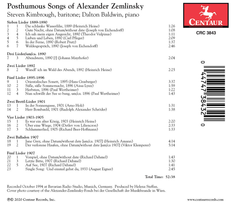 Posthumous Songs of Alexander Zemlinsky / Kimbrough, Baldwin