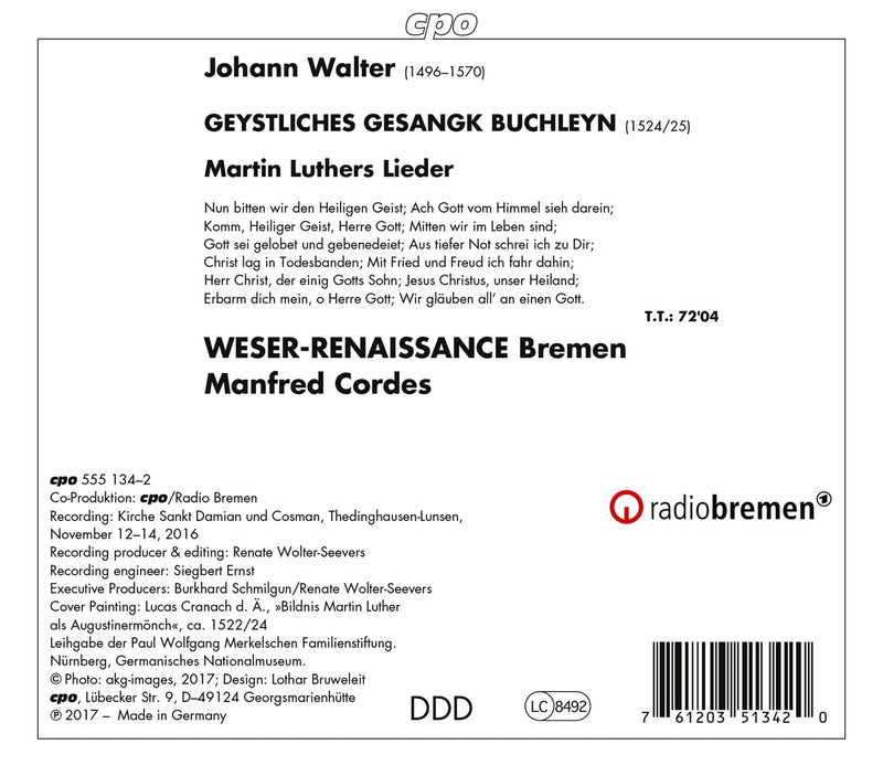 Walter: Geystliches Gesangk Buchleyn / Cordes, Weser-Renaissance Bremen