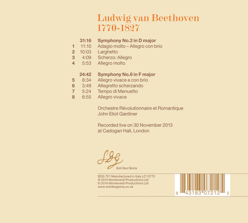 Beethoven: Symphonies 2 & 8 / Gardiner, Orchestre Revolutionnaire et Romantique