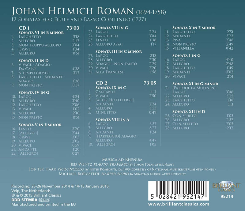 Roman: 12 Sonatas for Flute and Basso Continuo