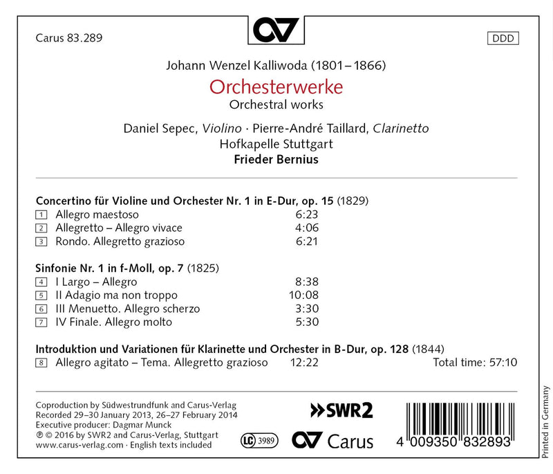 Kalliwoda: Orchestral Works / Bernius, Hofkapelle Stuttgart