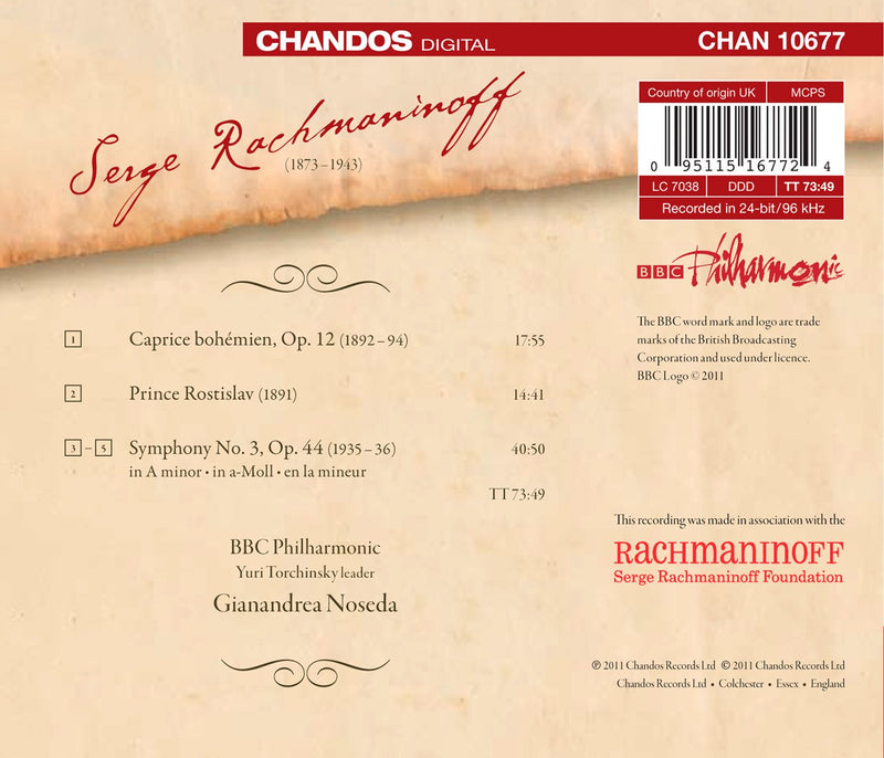 Rachmaninov: Symphony No. 3, Prince Rostislav, Caprice Bohemien / Noseda, BBC Philharmonic