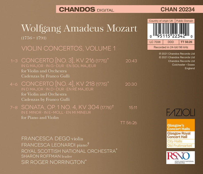 Mozart: Violin Concertos, Vol. 1 / Dego, Leonardi, Norrington, Royal Scottish National Orchestra