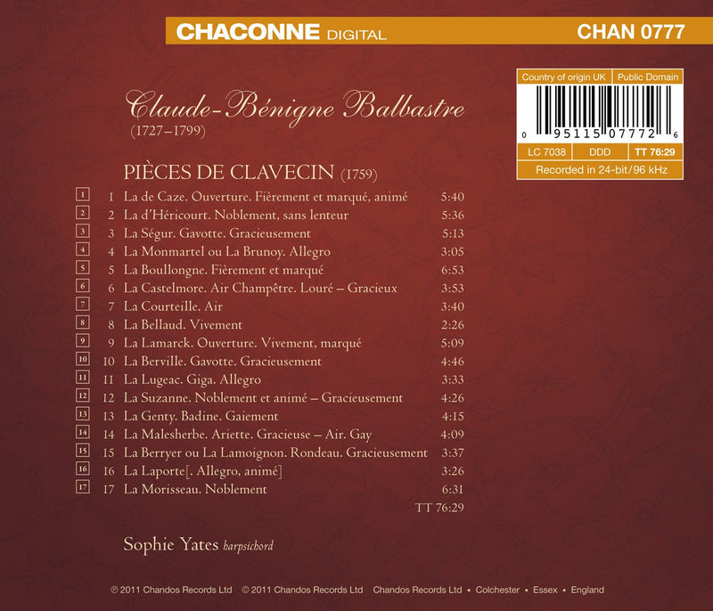 Balbastre: Pieces De Clavecin (1759) / Yates