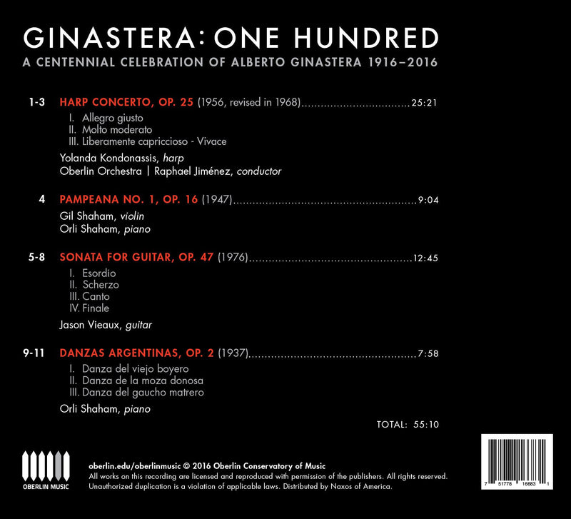 Ginastera: One Hundred / Jimenez, Shaham, Kondonassis, Vieaux, Oberlin Orchestra