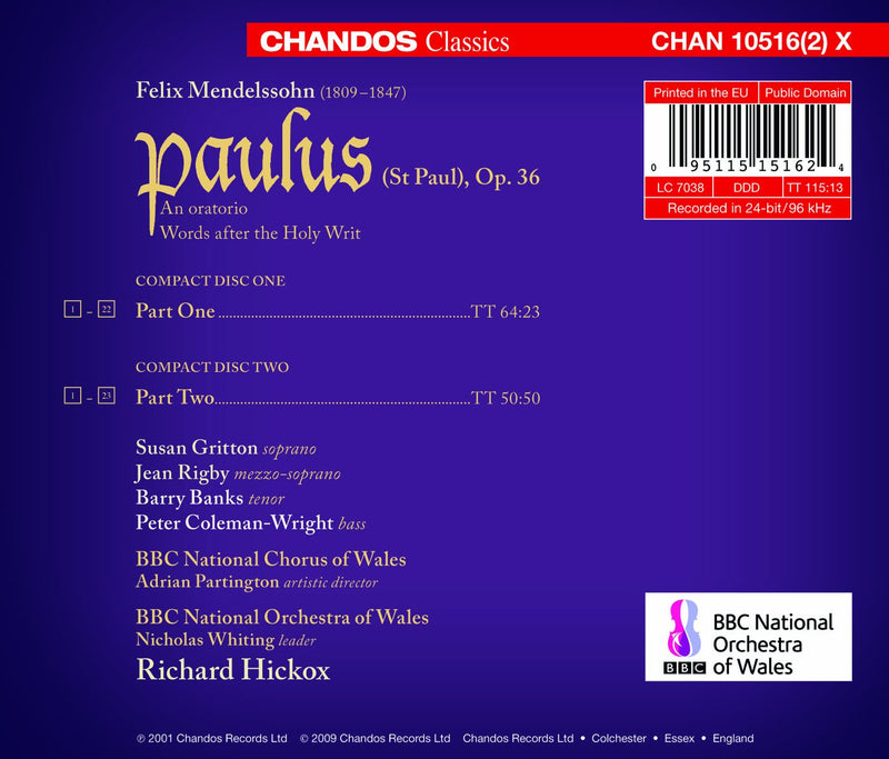 Mendelssohn: Paulus / Hickox, Gritton, Rigby, Banks, Coleman-Wright, BBC NO Of Wales