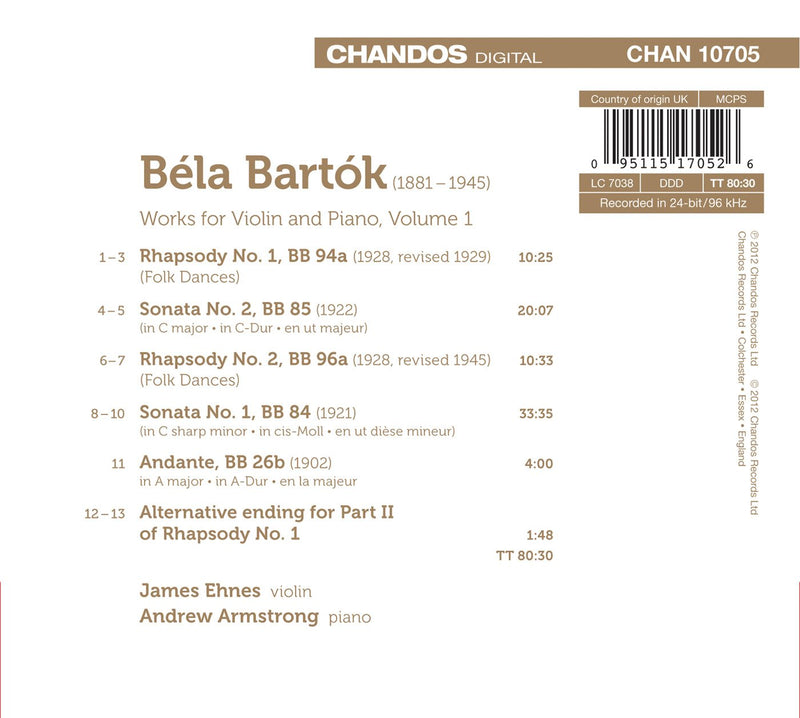 Bartok: Violin Sonatas No 1 & 2 / Ehnes, Armstrong