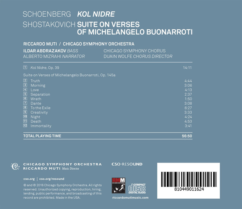 Schoenberg: Kol Nidre - Shostakovich: Suite on Verses of Buonarroti / Muti, Chicago Symphony