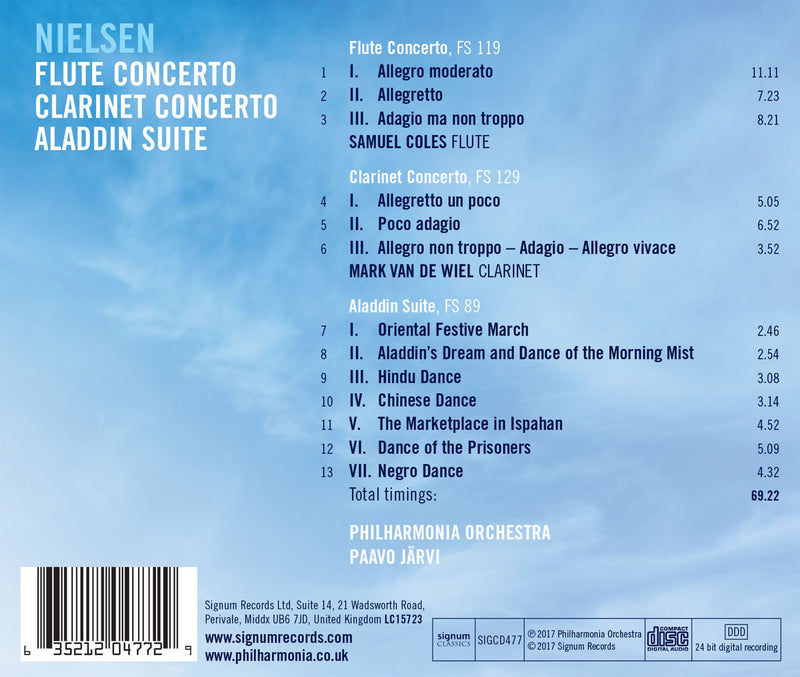 Nielsen: Flute Concerto, Clarinet Concerto & Aladdin Suite / Coles, van de Wiel, Jarvi, Philharmonia