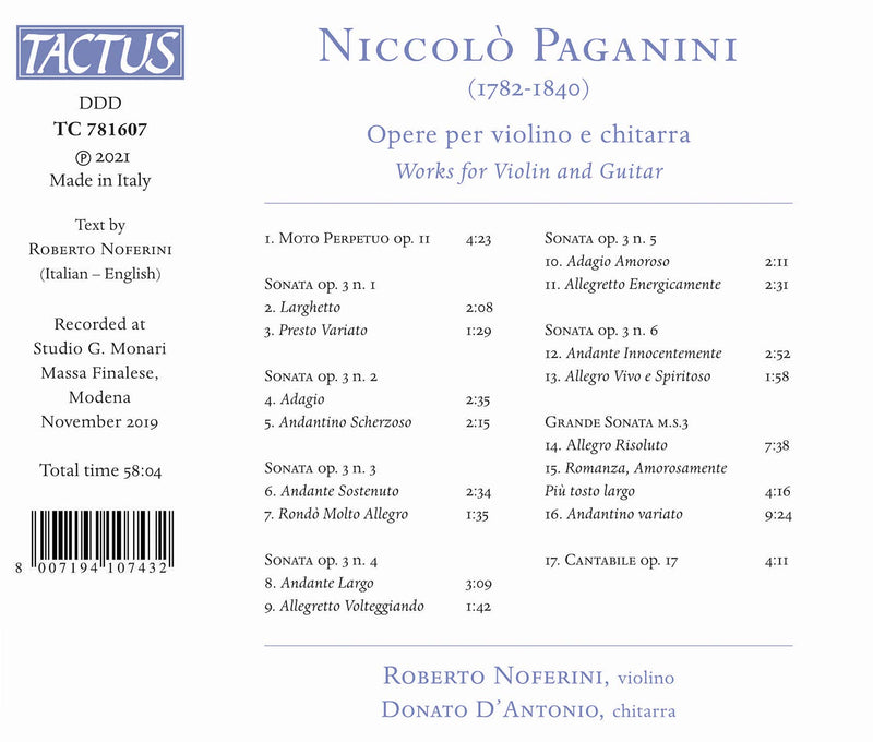 Paganini: Opere per violino e chitarra / Roberto Noferini, Donato D'Antonio