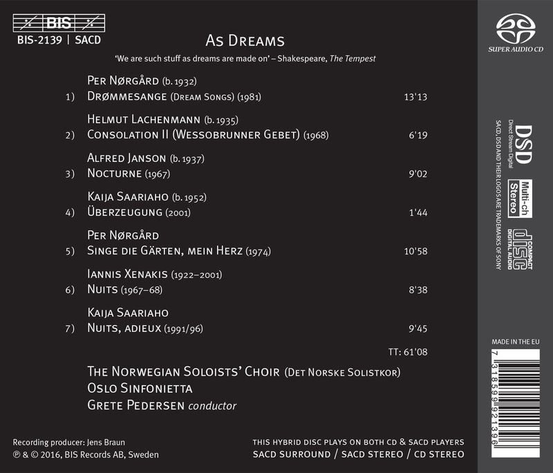 As Dreams / Pedersen, Oslo Sinfonietta, Norwegian Soloists' Choir