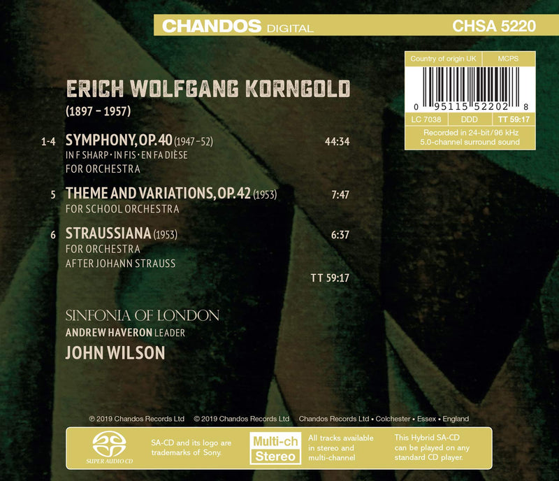 Korngold: Symphony, Theme & Variations & Straussiana / Wilson, Sinfonia of London