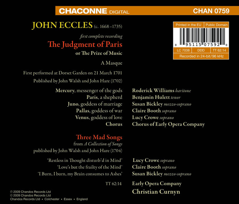 Eccles: The Judgment Of Paris, Mad Songs / Curnyn, Crowe, Hulett, Early Opera Company