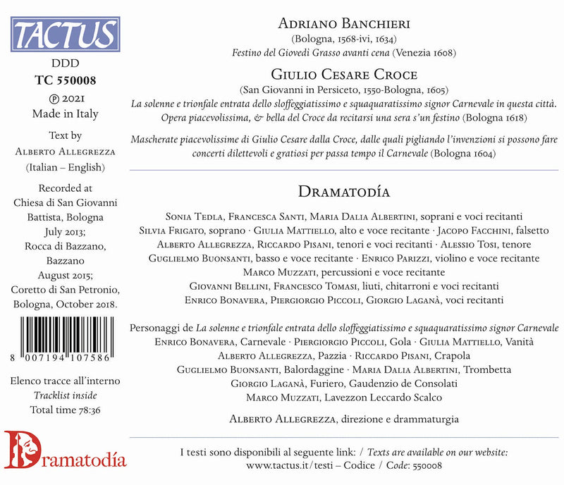 Banchieri, Croce: Il Festino del Giovedì Grasso / Bonavera, Allegreza, Dramatodía