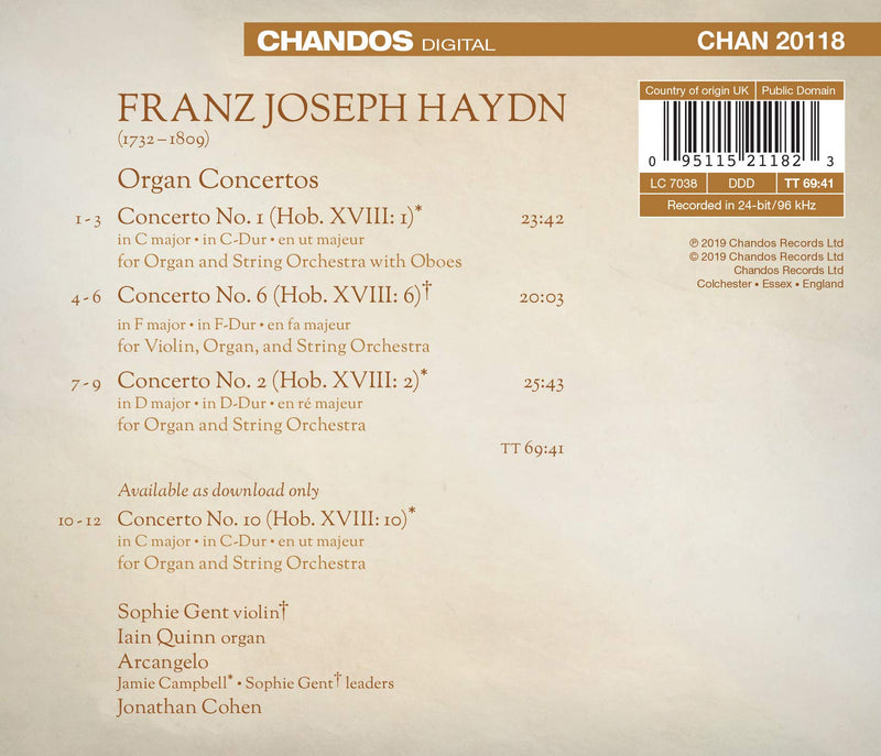 Haydn: Organ Concertos / Quinn, Gent, Cohen, Arcangelo