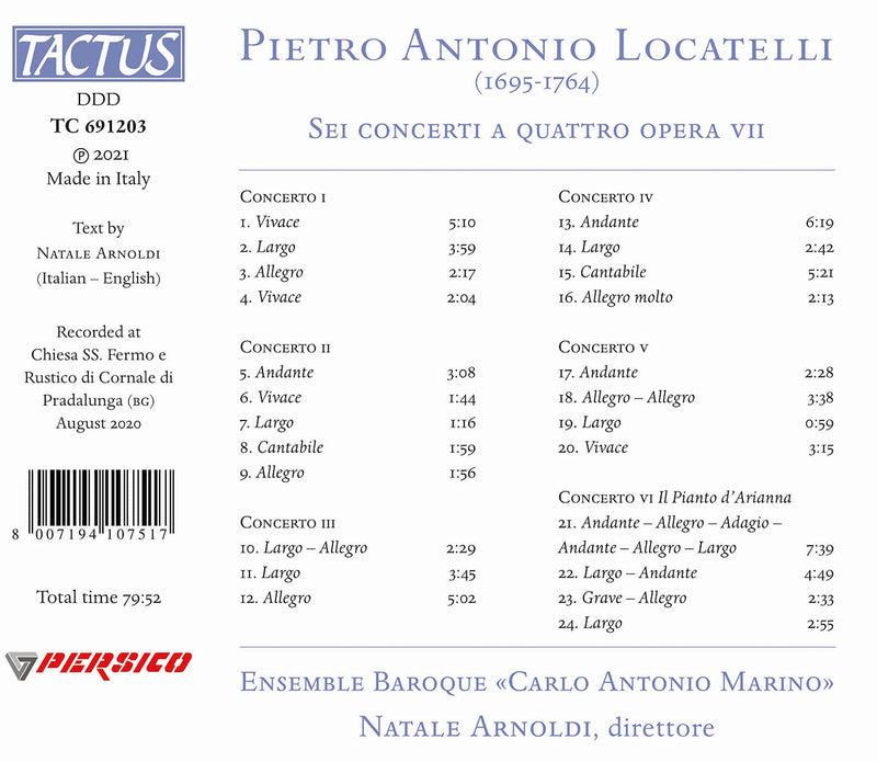 Locatelli: Sei Concerti a Quattro Opera VII / Arnoldi, Ensemble Barocco Carlo Antonio Marino