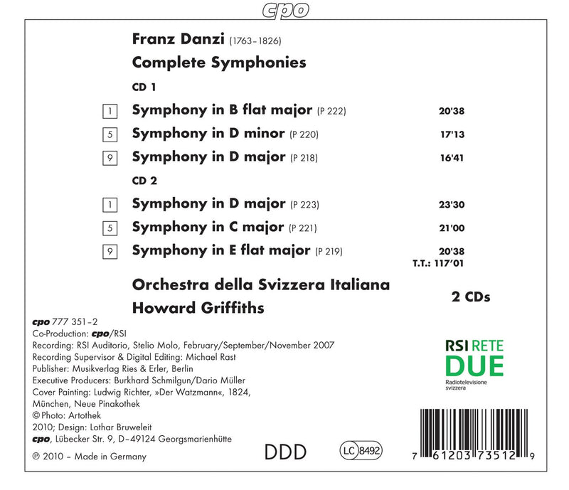 Franz Danzi: Complete Symphonies / Griffiths, Svizzera Italiana Orchestra