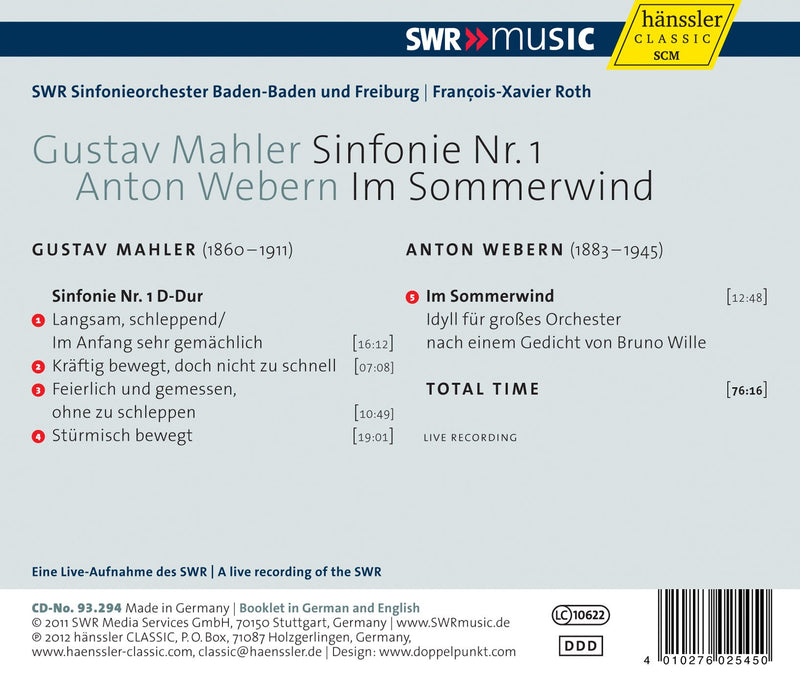 Mahler: Symphony No. 1. - Webern: Im Sommerwind