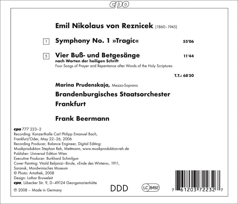 Reznicek: Symphony No 1 "tragic", Etc / Beerman, Prudenskaja, Brandenburg State Orchestra Frankfurt