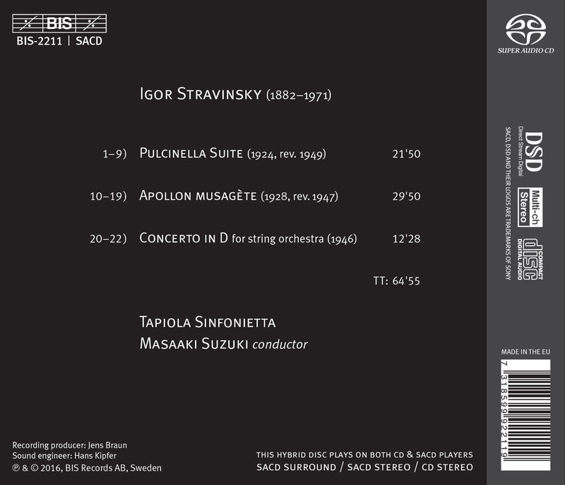 Stravinsky: Pulcinella Suite, Apollon musagete & Concerto in D for Strings / Suzuki