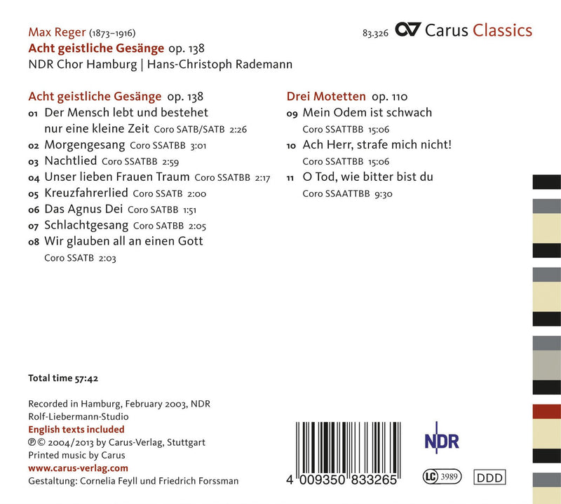 Reger: 8 Geistliche Gesänge, Op. 138 - Geistliche Gesänge, O