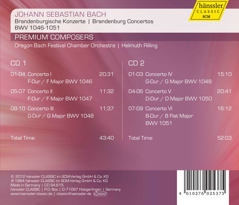 Bach: Brandenburg Concertos / Rilling, Oregon Bach Festival Chamber Orchestra