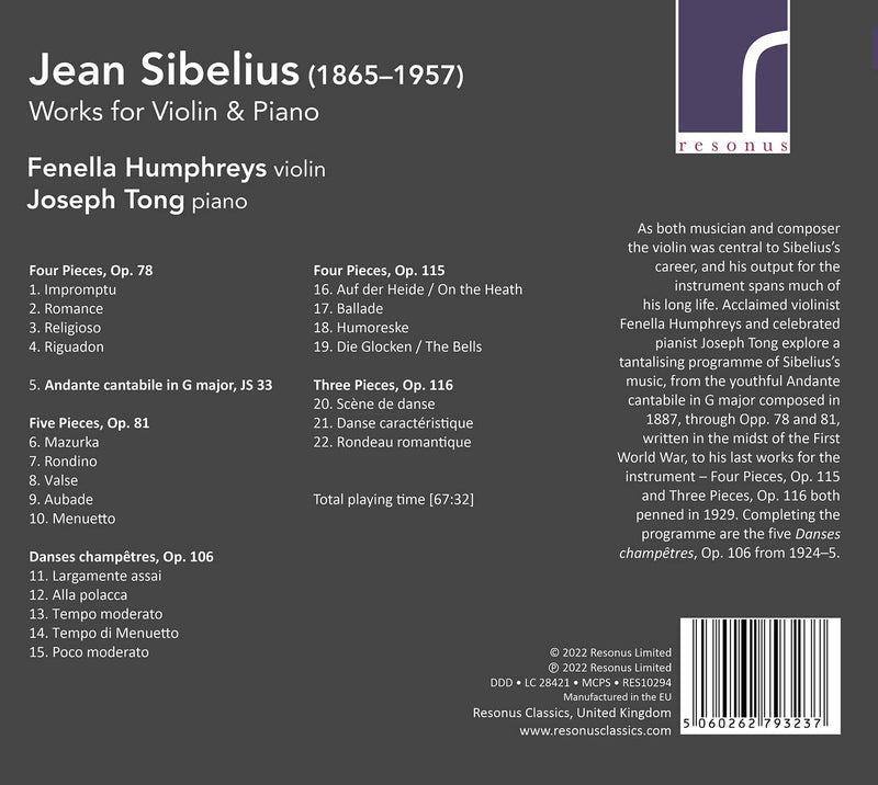 Sibelius: Works for Violin & Piano / Humphreys, Tong