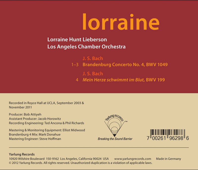 Lorraine - Bach: Mein Herze Schwimmt Im Blut / Hunt Lieberson, Los Angeles Chamber Orchestra