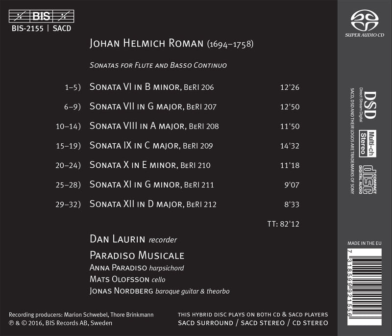 J.H. Roman: The 12 Flute Sonatas, Nos. 6-12 / Laurin, Paradiso Musicale