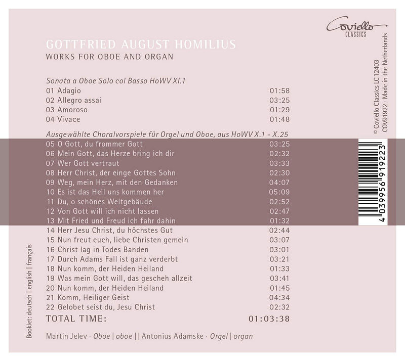 Homilius: Works for Oboe & Organ / Jelev, Adamske