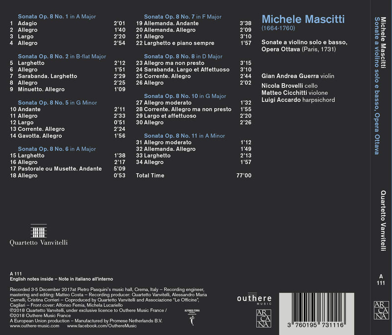 Mascitti: Sonate a violino solo e basso, Opera Ottava / Guerra, Brovell, Cicchitti, Accardo