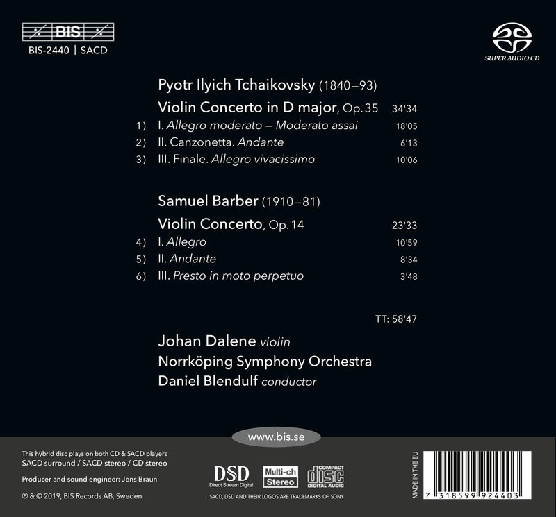 Tchaikovsky & Barber: Violin Concertos / Dalene, Blendulf, Norrkoping Symphony