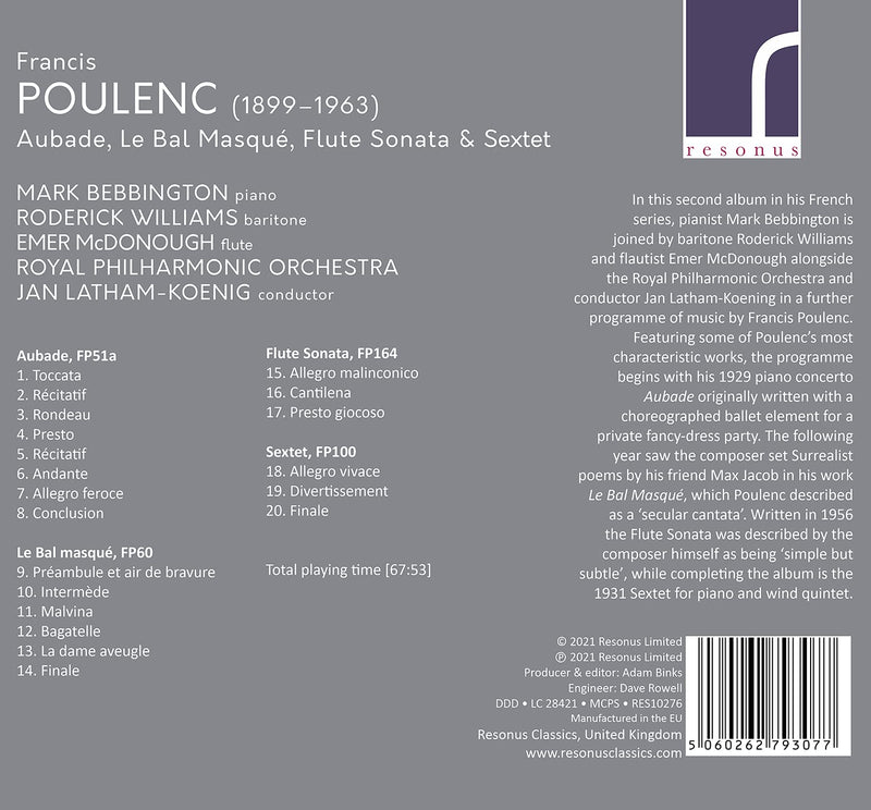 Poulenc: Aubade - Le bal masqué - Flute Sonata - Sextet / Bebbington, McDonough, Williams, Latham-Koenig, Royal Philharmonic Orchestra