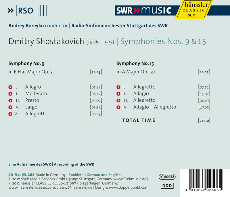 Shostakovich: Symphonies Nos. 9 and 15