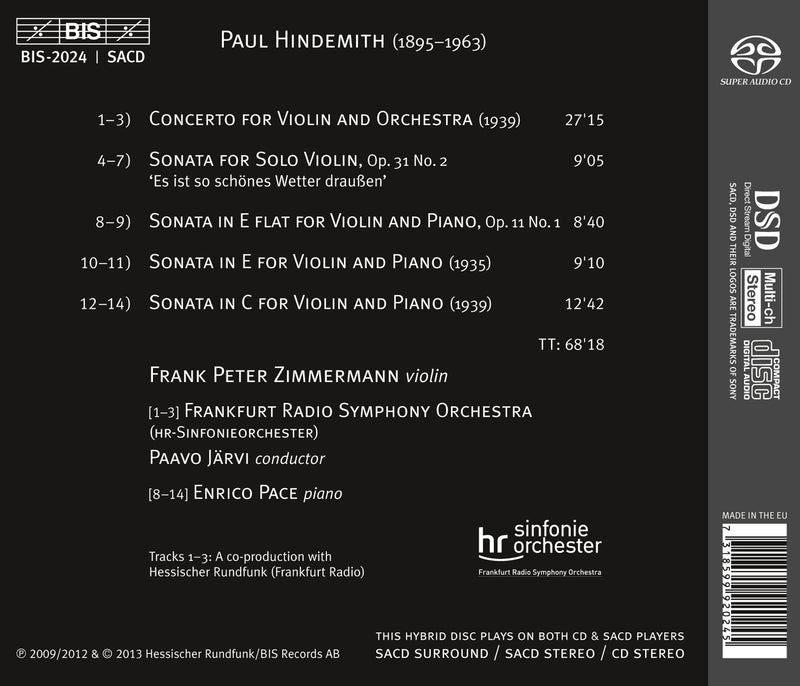 Hindemith: Violin Concerto, Violin Sonatas / Frank Peter Zimmermann, Enrico Pace, Paavo Jarvi