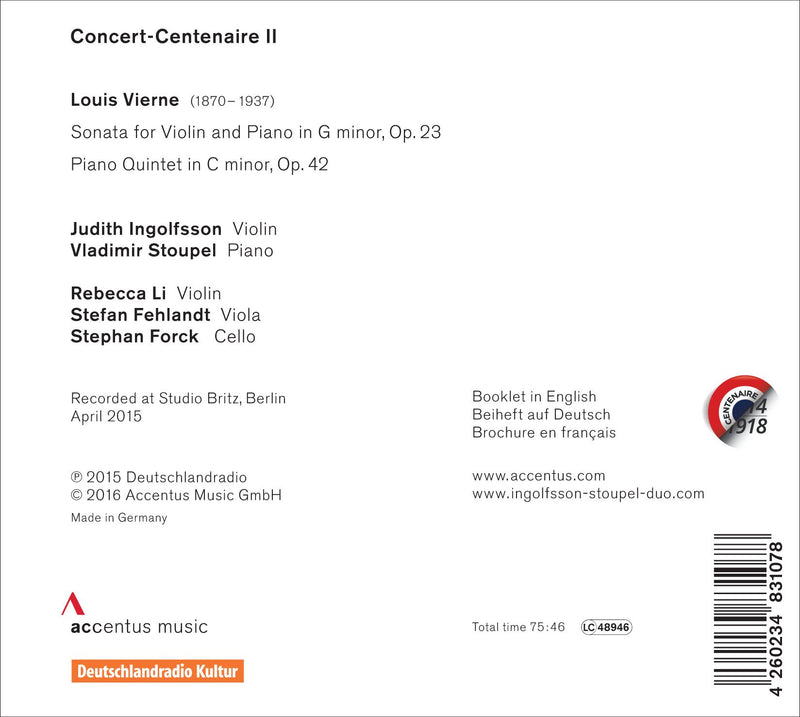 Vierne: Violin Sonata in G Minor; Piano Quintet in C Minor