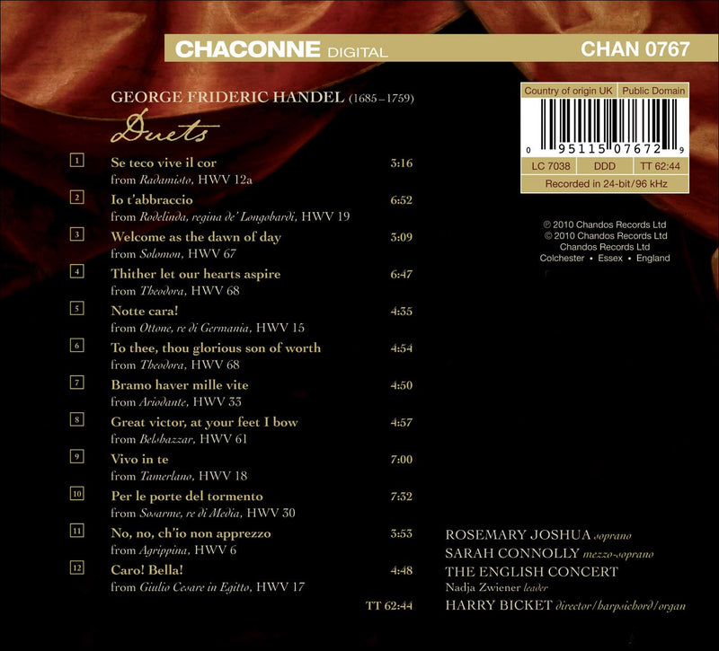 Handel: Duets / Bicket , Connolly, Joshua, English Concert