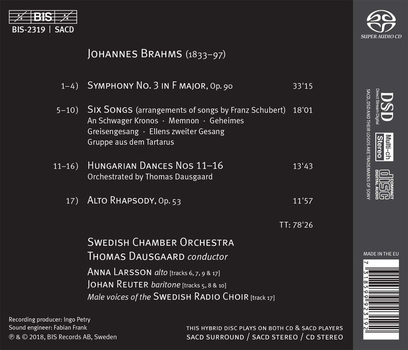 Brahms: Symphony No. 3, Alto Rhapsody & 6 Schubert Songs / Dausgaard, Larsson, Reuter, Swedish Chamber Orchestra