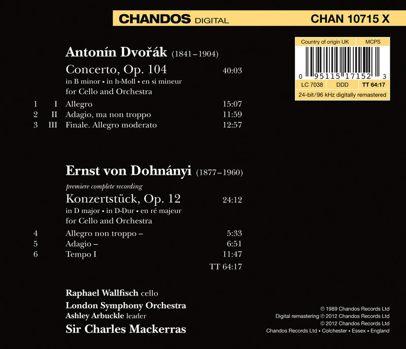 Dvorak: Cello Concerto; Dohnanyi: Konzertstuck / Mackerras, Wallfisch, LSO