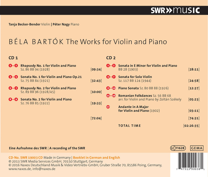 Bartok: The Works for Violin and Piano / Becker-Bender, Nagy