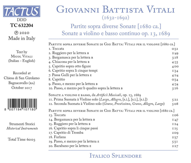 Vitali: Partite & Sonate, Op. 13 / Italico Splendore