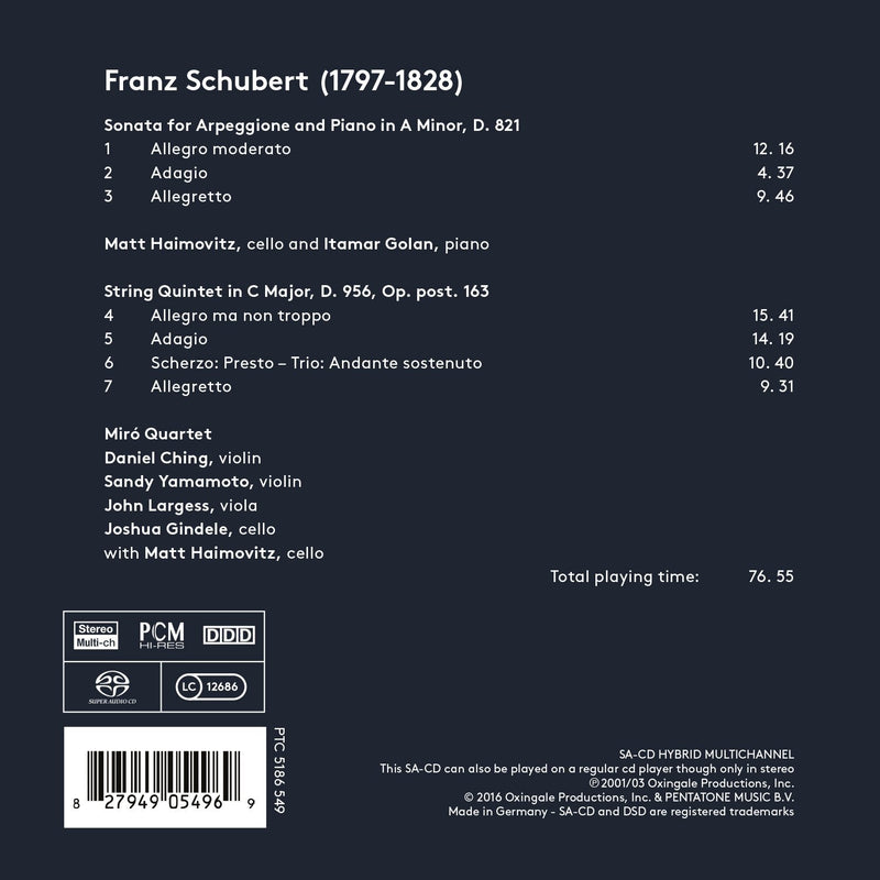 Schubert: Arpeggione Sonata & String Quintet / Haimovitz, Golan, Miro Quartet