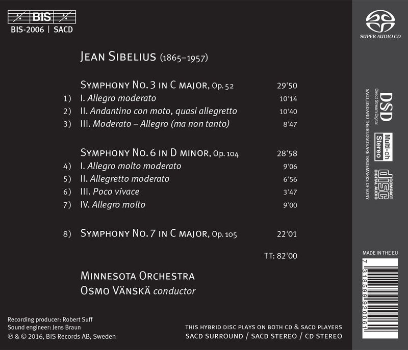 Sibelius: Symphonies Nos. 3, 6 & 7 / Vanska, Minnesota Orchestra