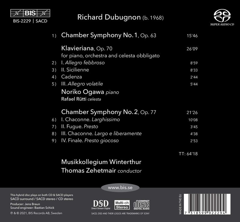 Dubugnon: Klavieriana, Chamber Symphonies Nos. 1 & 2 / Ogawa, Zehetmair, Winterthur Musikkollegium