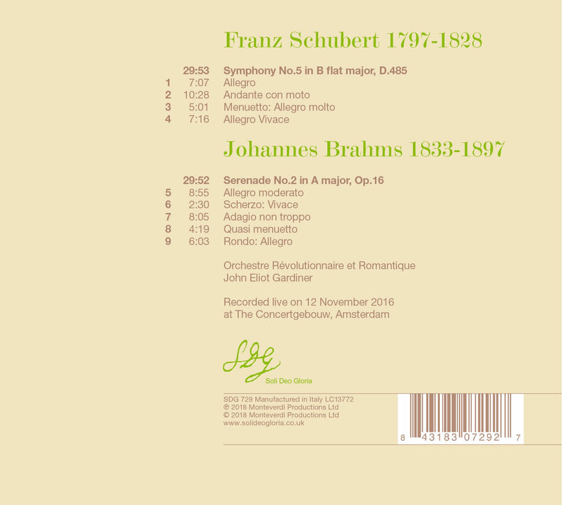 Schubert: Symphony No. 5 - Brahms: Serenade No. 2 / Gardiner, Orchestre Revolutionnaire et Romantique