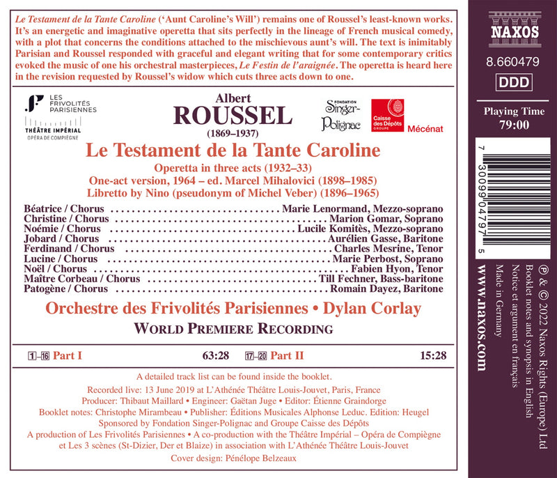 Roussel: Le Testament de la Tante Caroline / Corlay, Orchestre des Frivolités Parisiennes