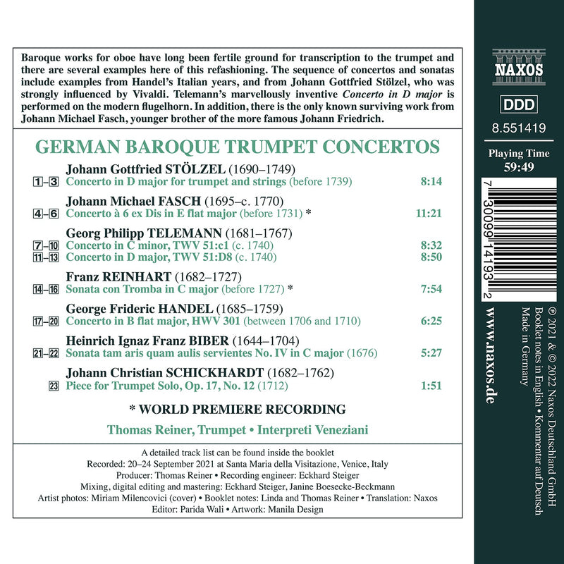 Stölzel, Telemann at al: German Baroque Trumpet Concertos / Reiner, Interpreti Veneziani