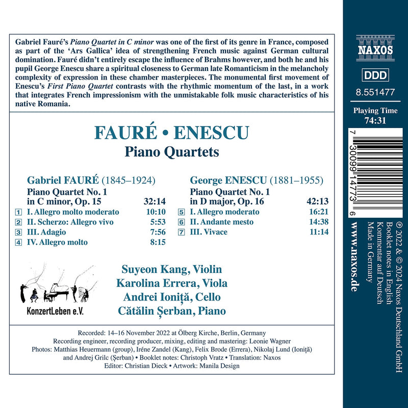 Mélodies Infinies - Enescu & Fauré: Piano Quartets / Kang, Errera, Ioniță, Șerban